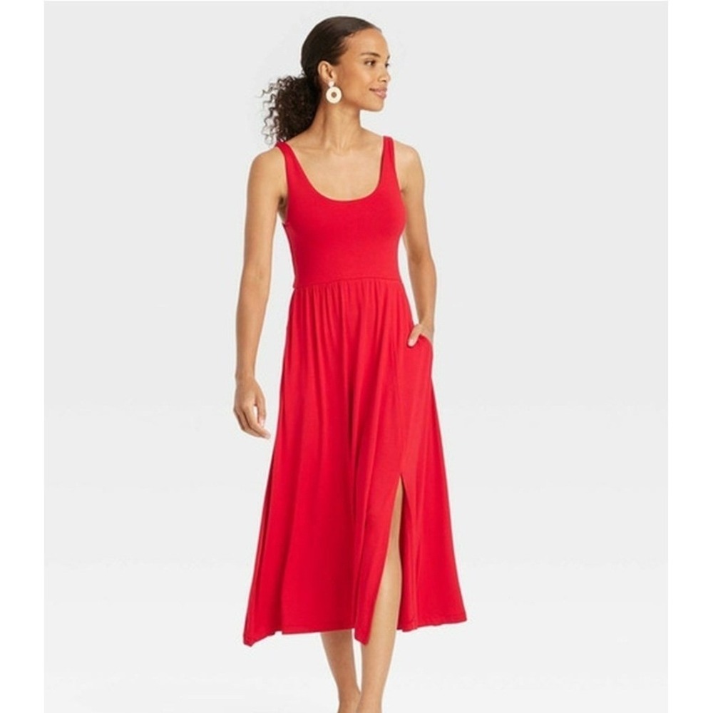 A New Day Womens Red Sleeveless Knit Midi Dress Slit XS NWT Jersey Casual Summer